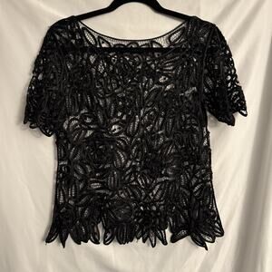 Silken Poetry Womens Black Silk Top Size M Crochet Fairy Beaded Lace Whimsigoth